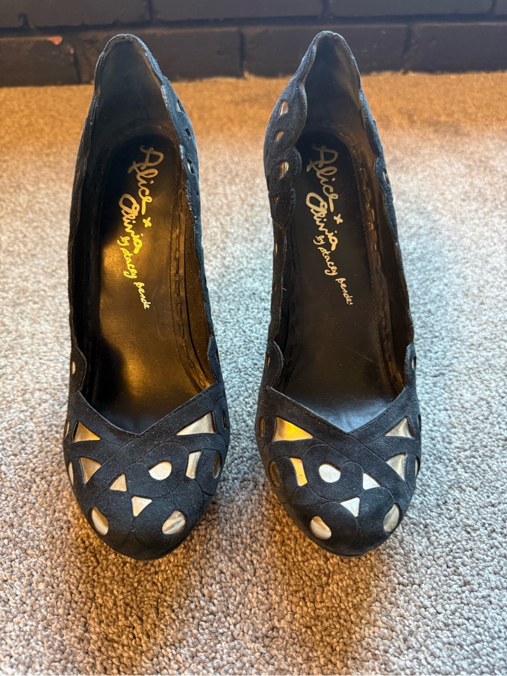 Alice + Olivia Black Suede Cutout Peep-Toe Pumps